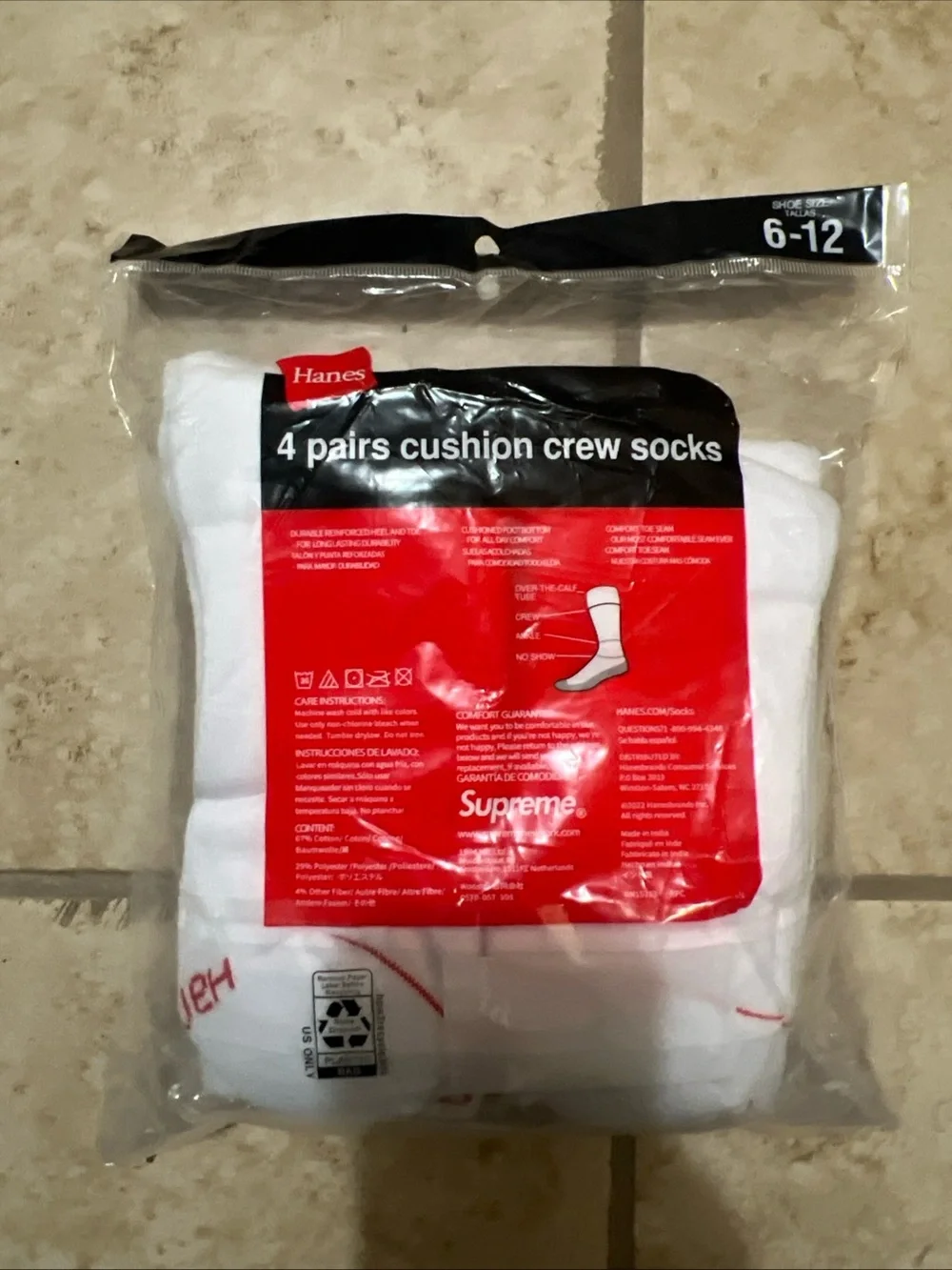 Hanes White Crew Socks with Red Logo - 4 Pack